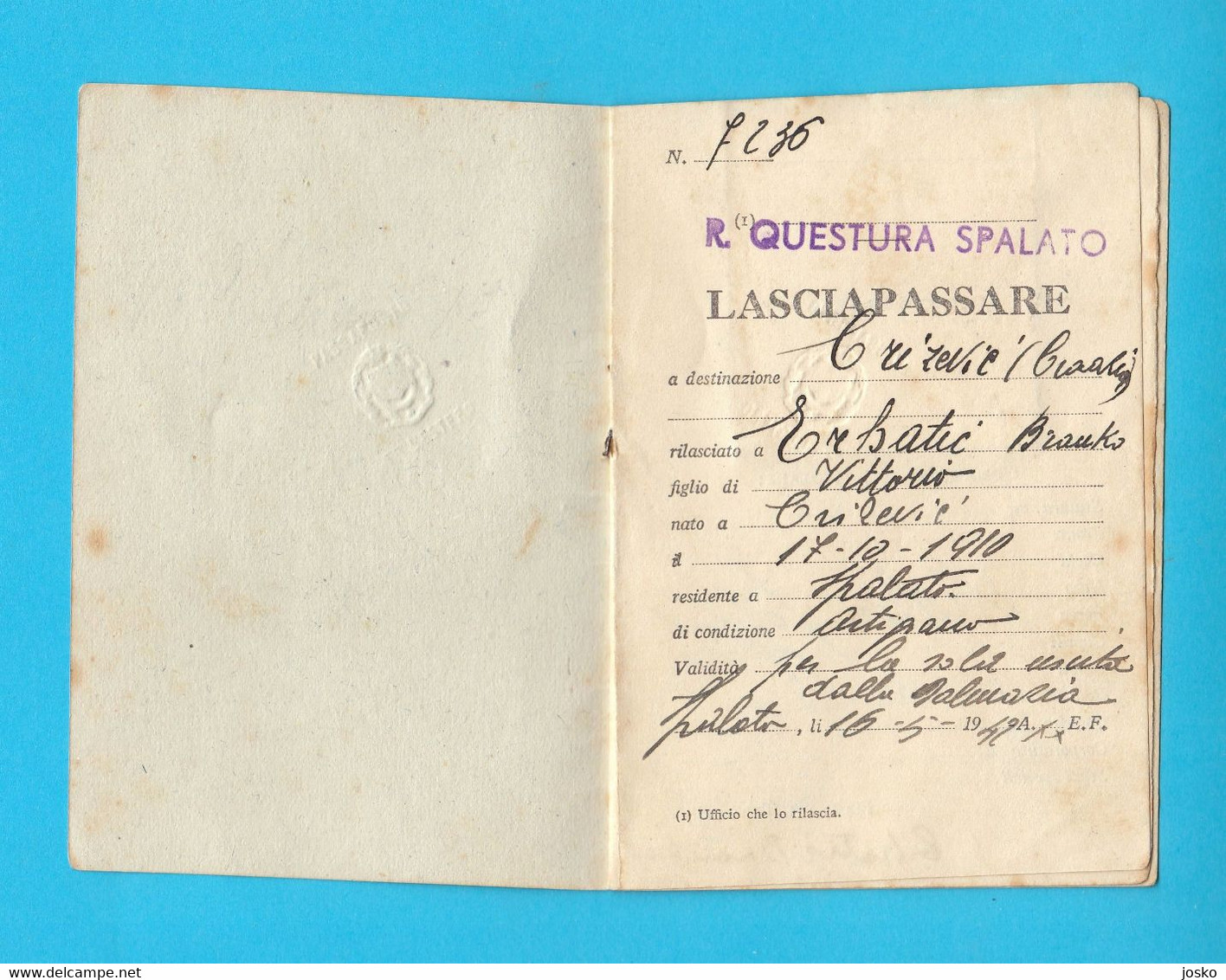 WW2 - ITALY OCCUPATION OF SPALATO (SPLIT) - Croatia Pass (1942) * Passport Reisepass Passaporto Lasciapassare Italia - Documents