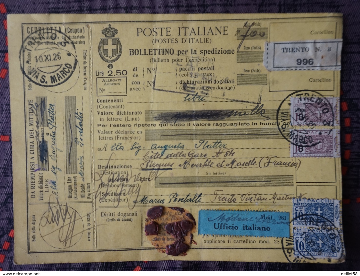 BULLETIN D'EXPEDITION DE 1926 ITALIE - Italia