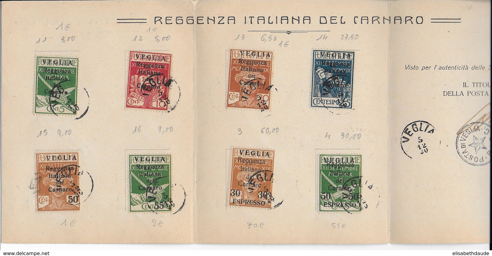 FIUME (VEGLI) - 1920 - RARE CARNET COMPLET YVERT N° 111/16 EXPRES 3/4 OBLITERES - COTE DES TIMBRES = 265 EUR. - Arbe & Veglia