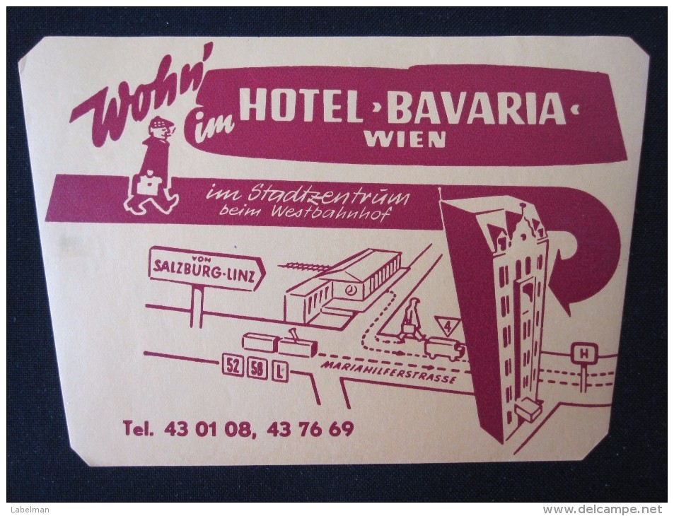 HOTEL MAP GASTHOF BAVARIA WIEN VIENNE VIENNA AUSTRIA OSTERREICH DECAL STICKER LUGGAGE LABEL ETIQUETTE AUFKLEBER - Etiketten Van Hotels