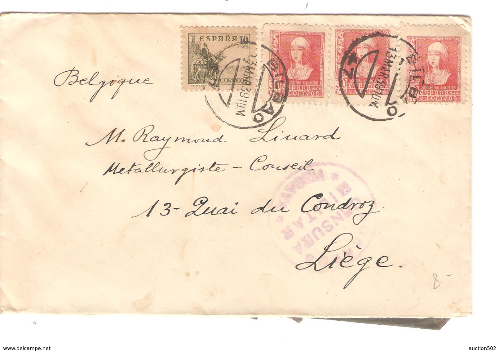 PT6009/ Espana/Spain 3 Covers Bilbao 1936-1939 Censura Vizcaya To Belgium - Lettres & Documents