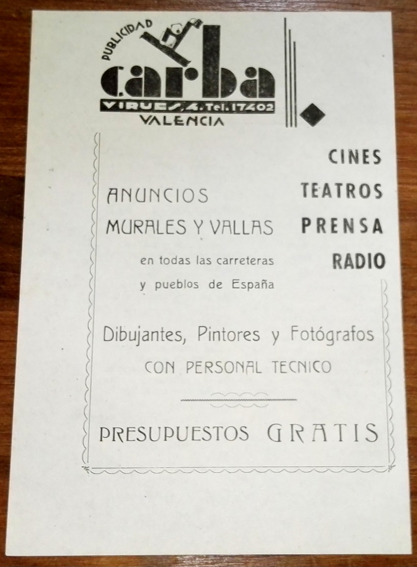 Antigua Publicidad - Publicidad CARBA, Valencia - Extraído De Revista 1948 - 18x12cm - Publicidad