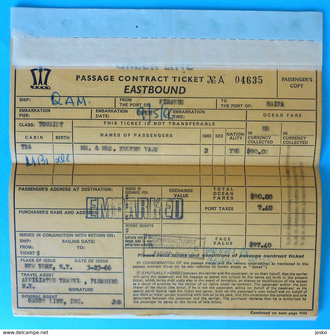 GREEK LINE - 1966. Passage Ticket PIRAUES ( Greece ) To HAIFA ( Israel ) With QUEEN ANNA MARIA Ex RMS Empress Of Britain - Advertising