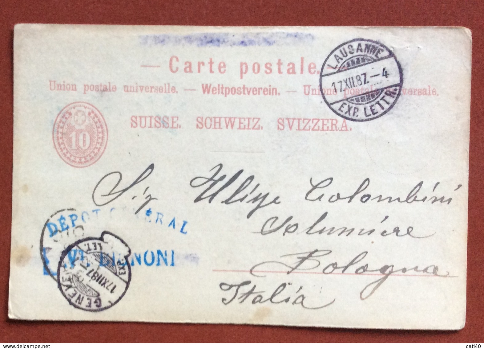 SUISSE   POSTKARTE 10 C.   FROM TIMBRO COMMERCIALE VT.BIGNONI 17/12/87 + GENEVE  TO BOLOGNA ".... 14  Mortadelle..." - Lettres & Documents