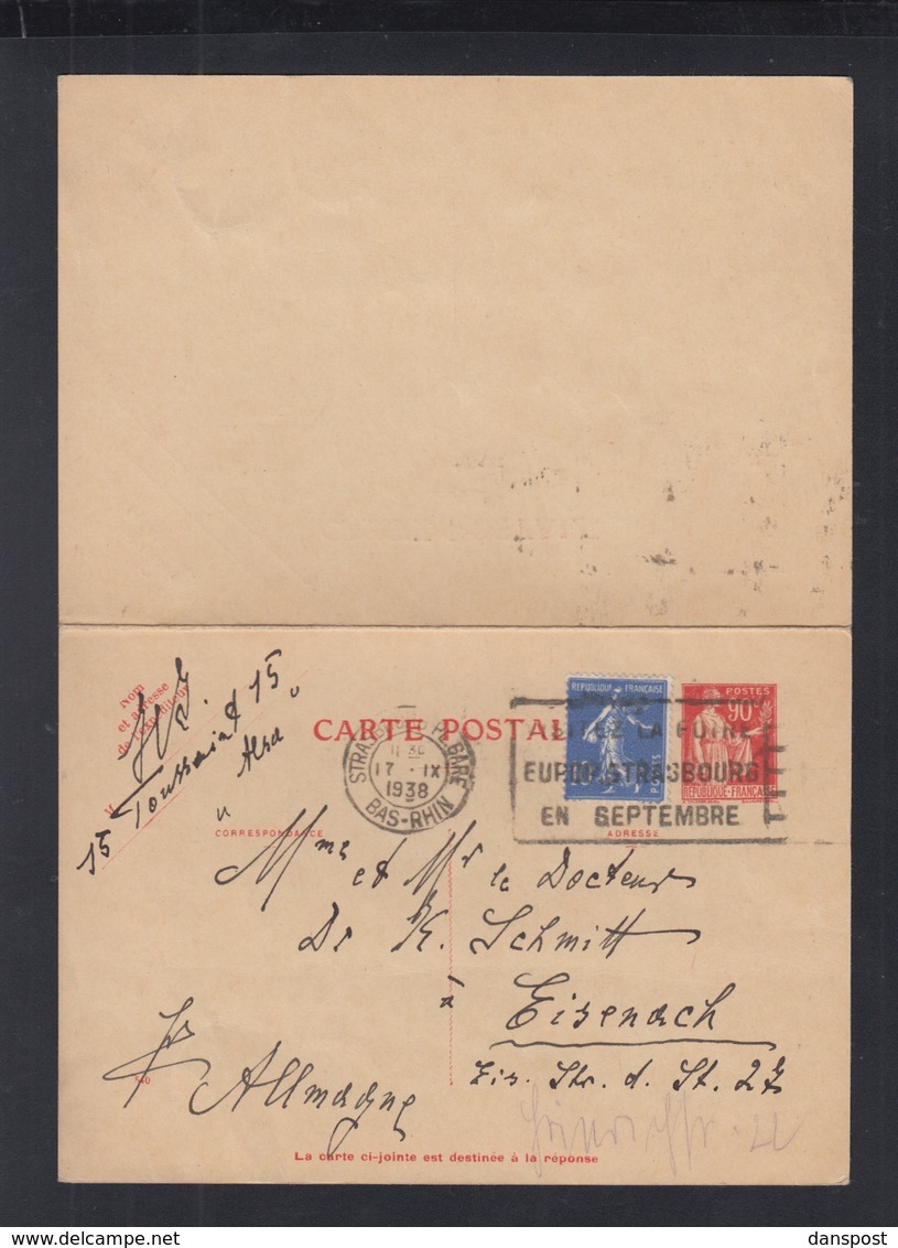 France Carte Postale Acec Reponse Paye 1938 Strasbourg - Postales Tipos Y (antes De 1995)