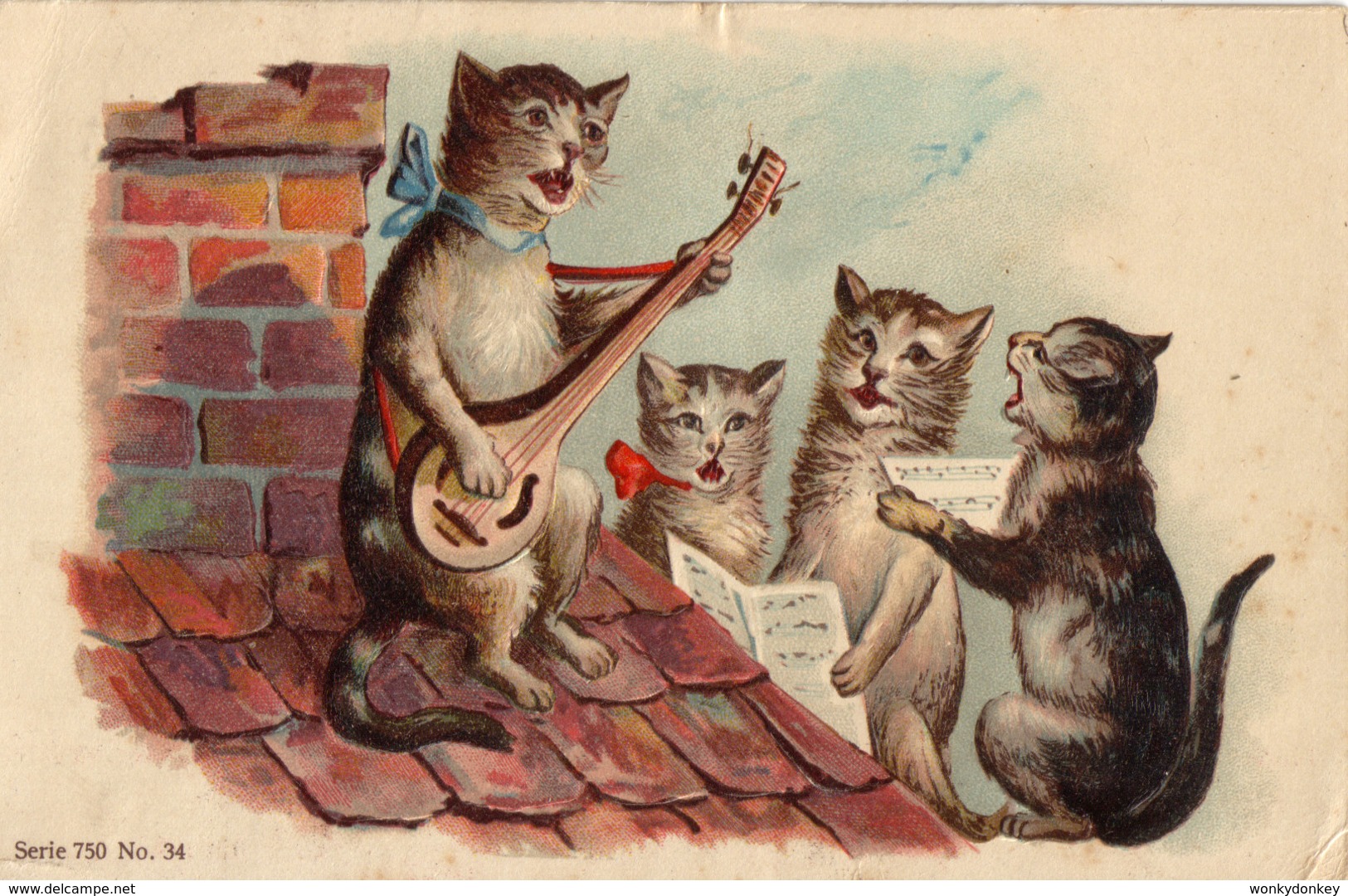 Embossed Cat Card   -   Cat Making Music On Roof.  1904. - Katzen