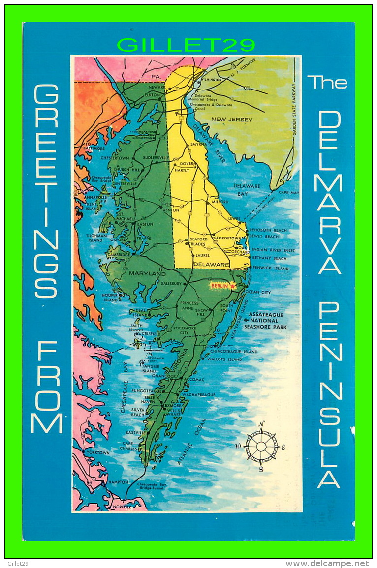 CARTES GÉOGRAPHIQUES - GREETINGS FROM THE DEL-MAR-VA PENINSULA - TINGLE PRINTING CO - - Maps
