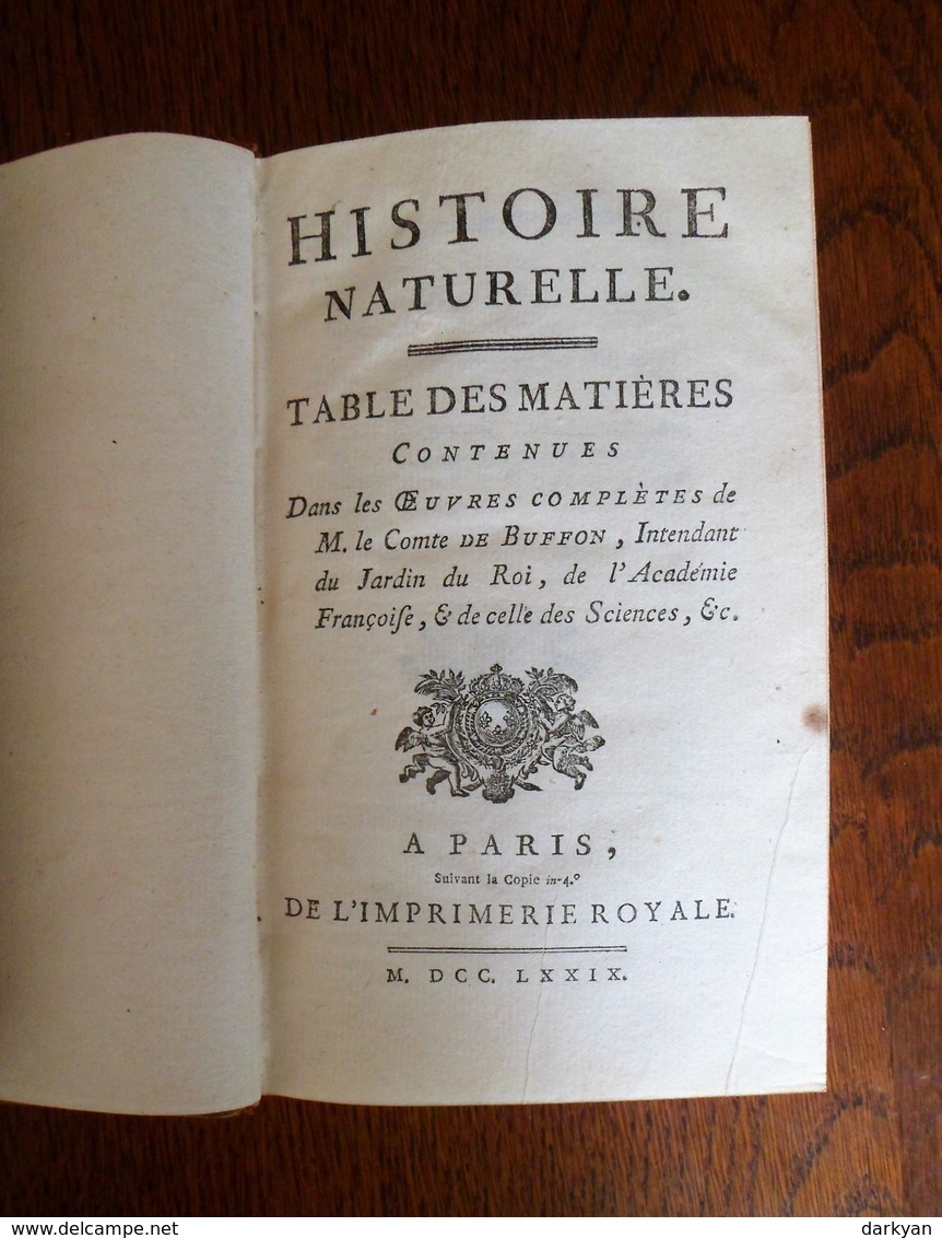 Buffon - Histoire Naturelle, Table Des Matières - Imprimerie Royale 1779 - 1701-1800