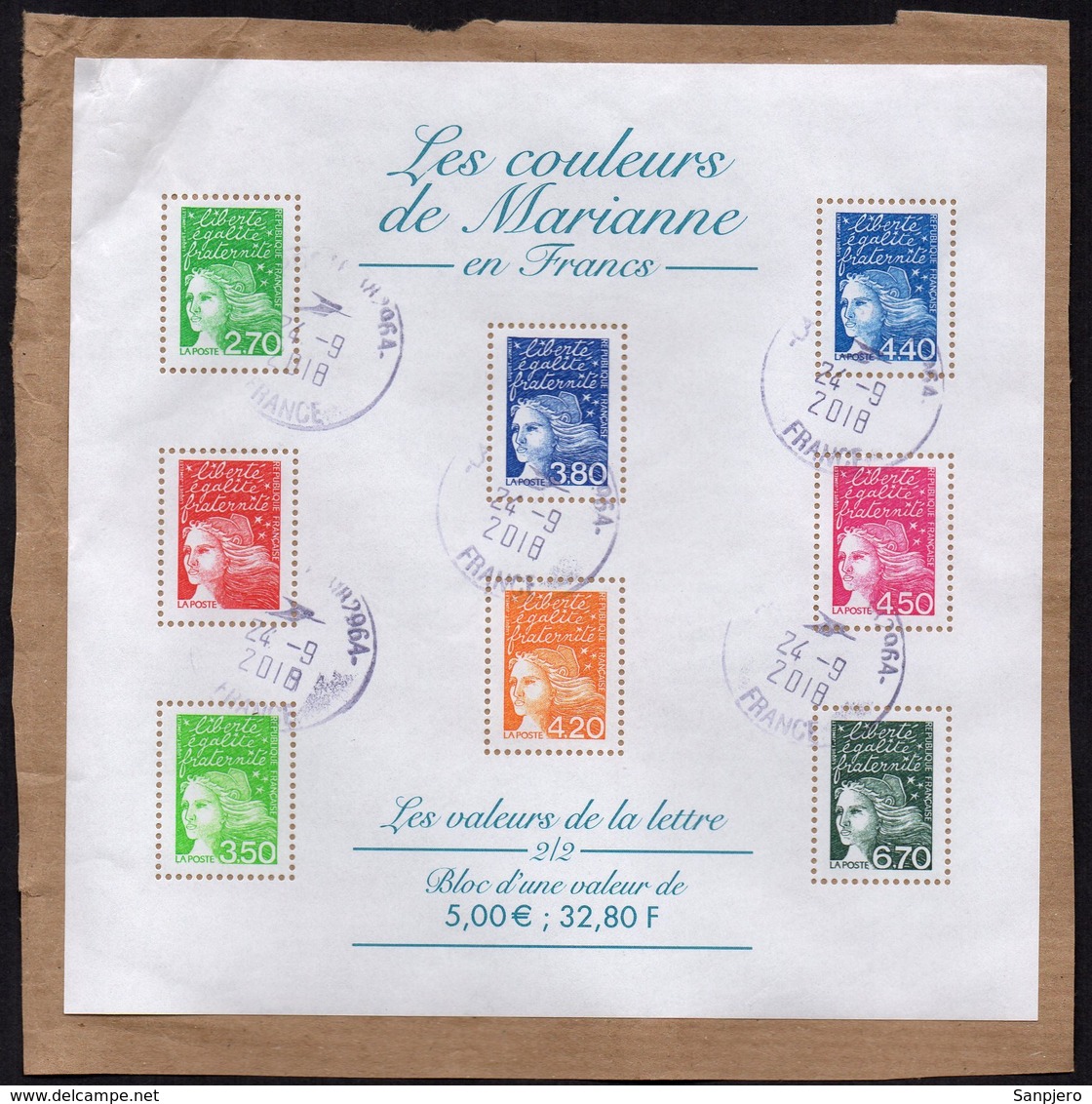 FRANCE 2018. LES COULEURS DE MARIANE BLOCK SHEET ON LETTER PIECE 1€ - Usati