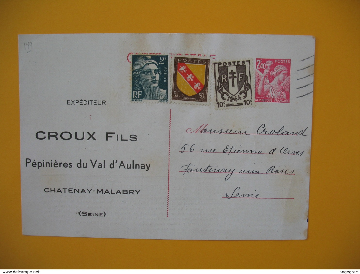 Entiers Postaux - Carte Postale Type Iris  - Expéditeur Pré-rempli  Croux Fils  Pépinières Du Val D'Aulnay - Cartes Postales Types Et TSC (avant 1995)