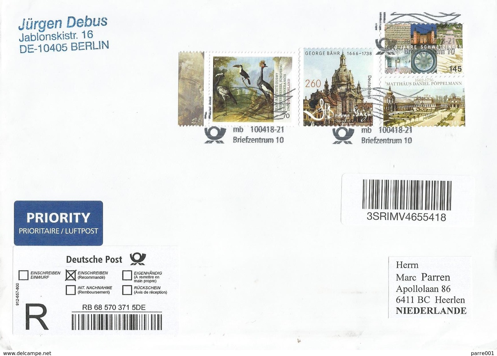 Germany 2018 Berlin Crane Painting Zwinger Frauenkirche Dresden Registered Cover - Cranes And Other Gruiformes