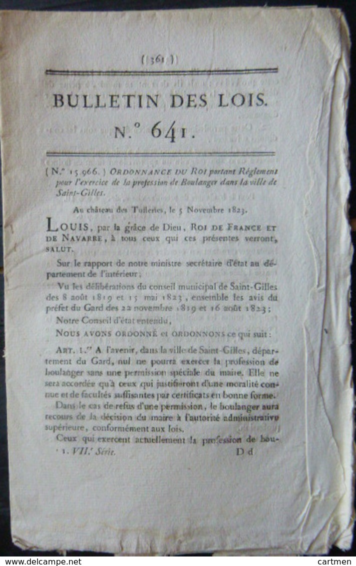 30 SAINT GILLES BOULANGER ORDONNANCE SUR L'EXERCICE DE BOULANGER AVEC SES REGLES  OBLIGATIONS ET TARIFS  1823 - Décrets & Lois