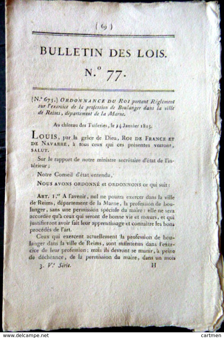 51 REIMS  BOULANGER ORDONNANCE SUR L'EXERCICE DE BOULANGER AVEC SES REGLES  OBLIGATIONS ET TARIFS  1823 - Décrets & Lois