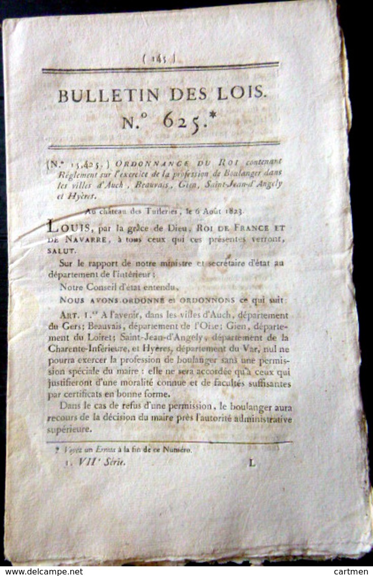 32 AUCH 60 BEAUVAIS 45 GIE BOULANGER ORDONNANCE SUR L'EXERCICE DE BOULANGER AVEC SES REGLES  OBLIGATIONS ET TARIFS  1823 - Décrets & Lois