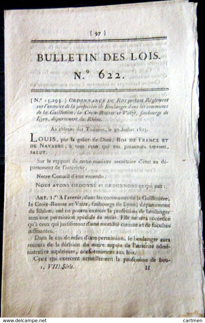 69  CROIX ROUSSE VAISE GUILLE BOULANGER ORDONNANCE EXERCICE DE BOULANGER AVEC SES REGLES  OBLIGATIONS ET TARIFS  1823 - Décrets & Lois