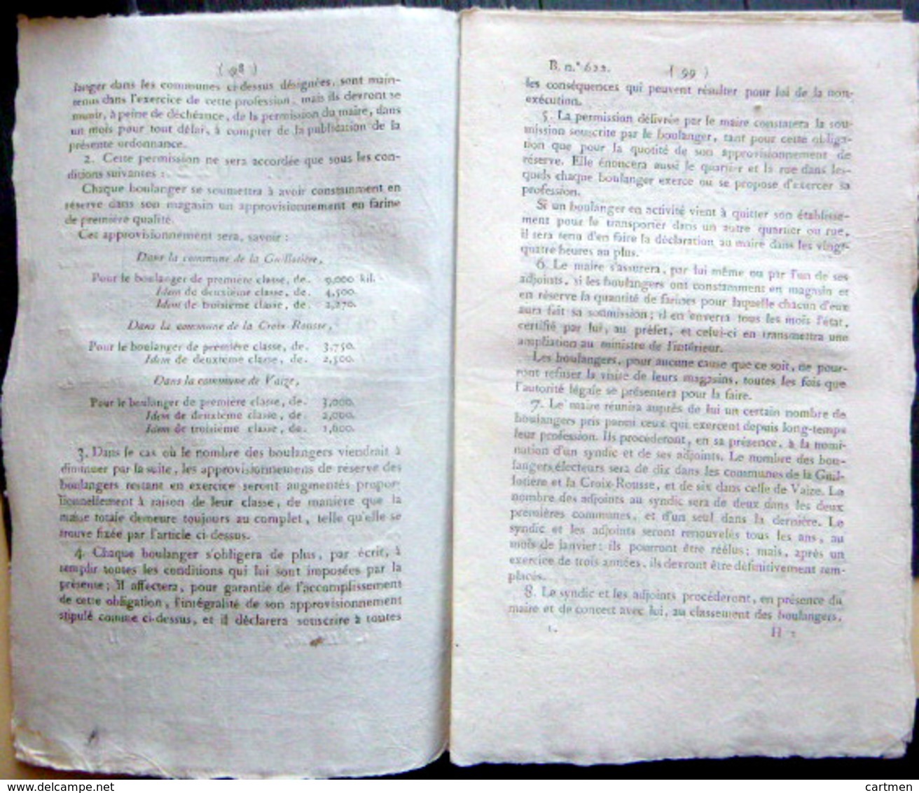 69  CROIX ROUSSE VAISE GUILLE BOULANGER ORDONNANCE EXERCICE DE BOULANGER AVEC SES REGLES  OBLIGATIONS ET TARIFS  1823 - Décrets & Lois