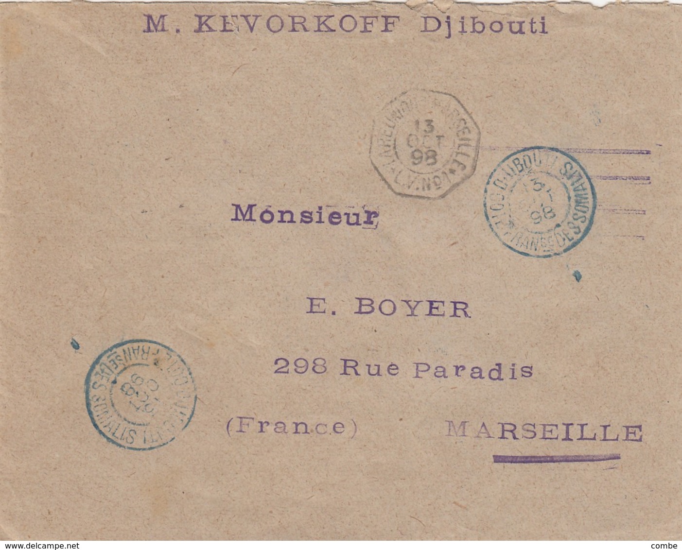 LETTRE. COTES DES SOMALIS. 13 OCT 98. DJIBOUTI POUR MARSEILLE. LA REUNION A MARSEILLE N°1 - Lettres & Documents