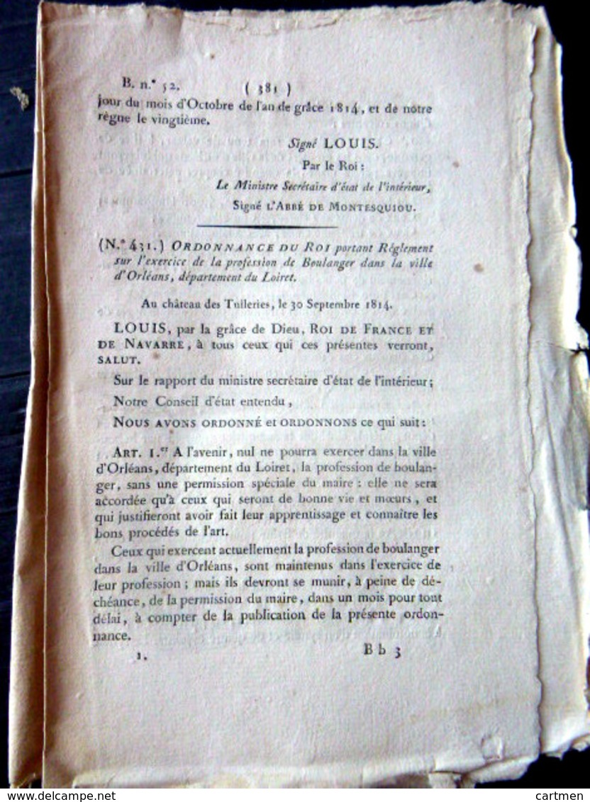 75 PARIS BANLIEUE BOULANGER ORDONNANCE SUR L' EXERCICE DE BOULANGER AVEC SES REGLES  OBLIGATIONS ET TARIFS  1823 - Décrets & Lois