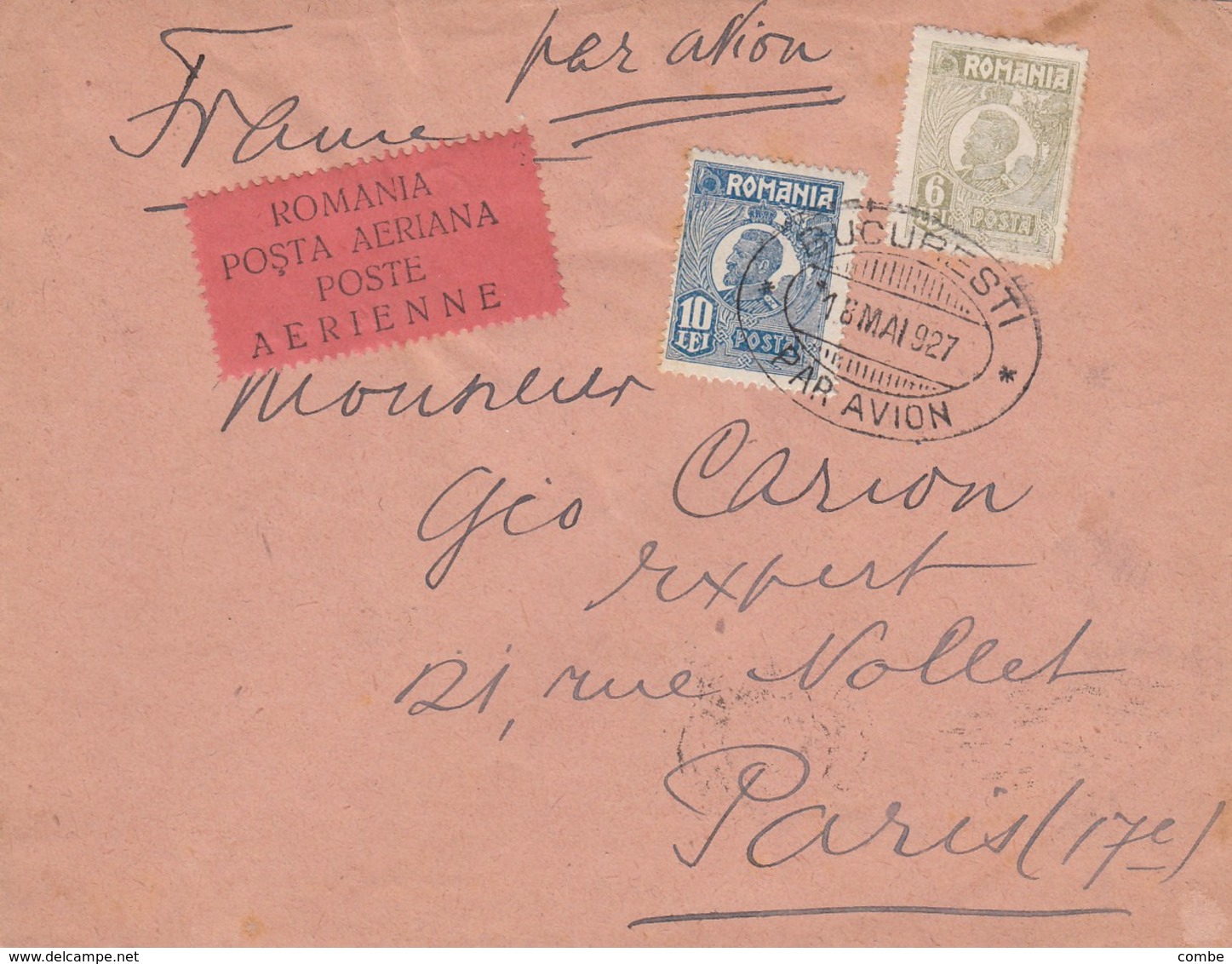 LETTRE. ROUMANIE. N° 298 ET 300. 18 MAI 1927. CAD BUCUREST PAR AVION (RARE). VIGNETTE POSTE AERIENNE POUR PARIS - Lettres & Documents