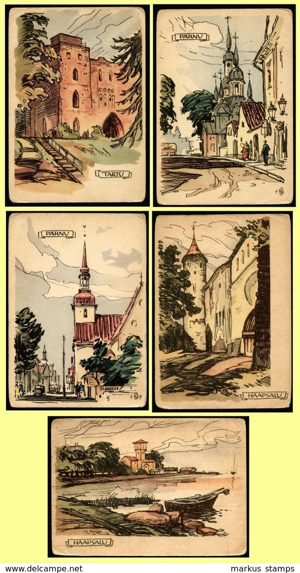 1961 Estonia - 5 Postcards Illustrator Set, Artist Signed, Tartu, Parnu - Altri & Non Classificati