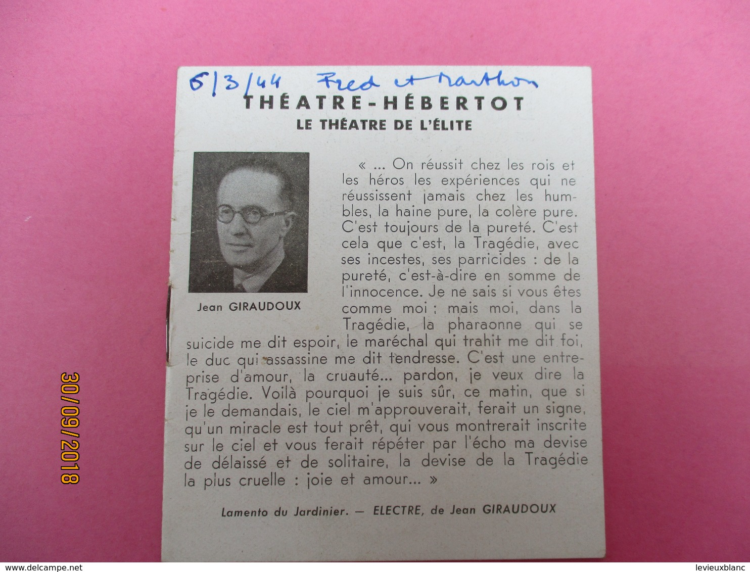 Théatre HEBERTOT/Le Théatre De L'Elite/Sodome Et Gomorrhe/Jean Giraudoux/Edwige Feuillére/Gérard Philipe/1944    PROG209 - Programme