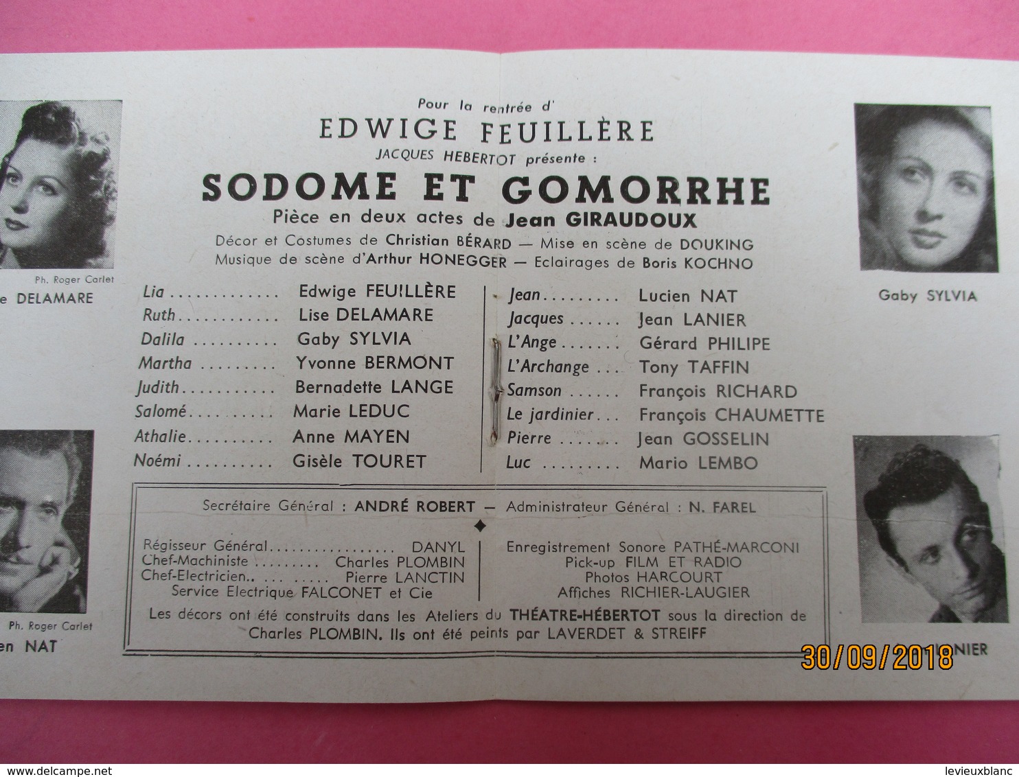 Théatre HEBERTOT/Le Théatre De L'Elite/Sodome Et Gomorrhe/Jean Giraudoux/Edwige Feuillére/Gérard Philipe/1944    PROG209 - Programme