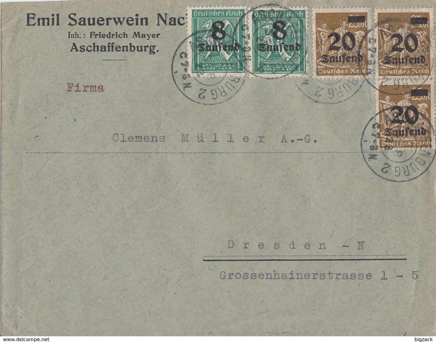 DR Brief Mif Minr.2x 278,3x 281 Aschaffenburg 3.9.23 - Briefe U. Dokumente