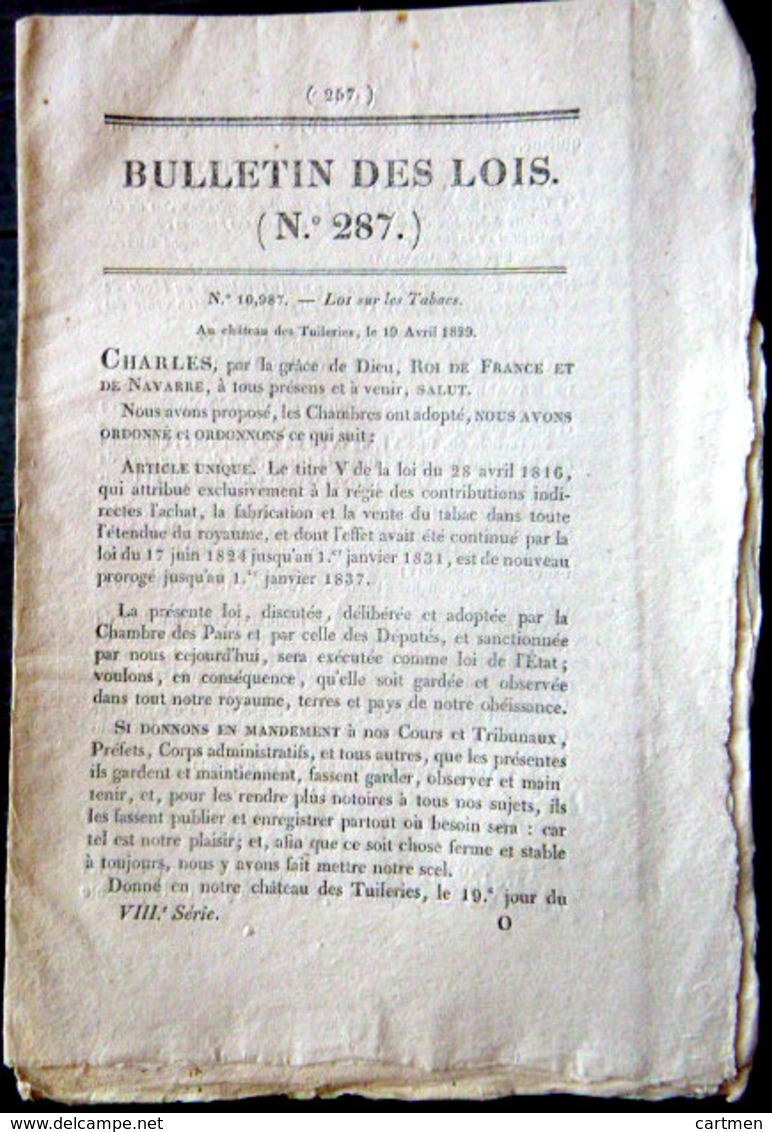 TABAC LOI CONFIRMANT LE MONOPOLE DE LA REGIE DES TABACS POUR LA FABRICATION ET LA VENTE 1816 - Décrets & Lois