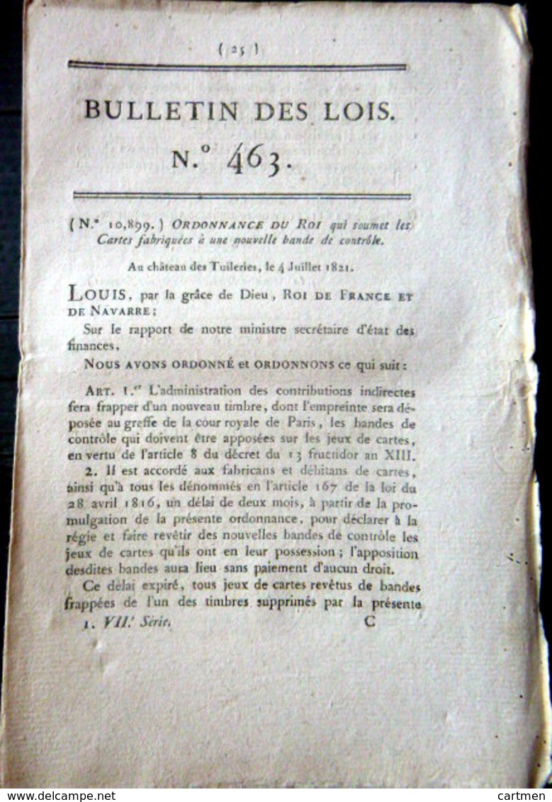 CARTIER CARTES A JOUER ORDONNANCE POUR IMPOSER DES BANDES DE CONTROLE SUR LES JEUX  1821 - Décrets & Lois