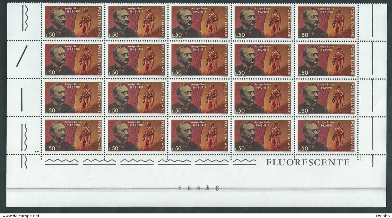 Italia 1968; Arrigo Boito, Compositore E Poeta. Blocco Di 20 Valori + FLUORESCENTE + Numero Foglio, Con 2 Angoli. - Blocs-feuillets