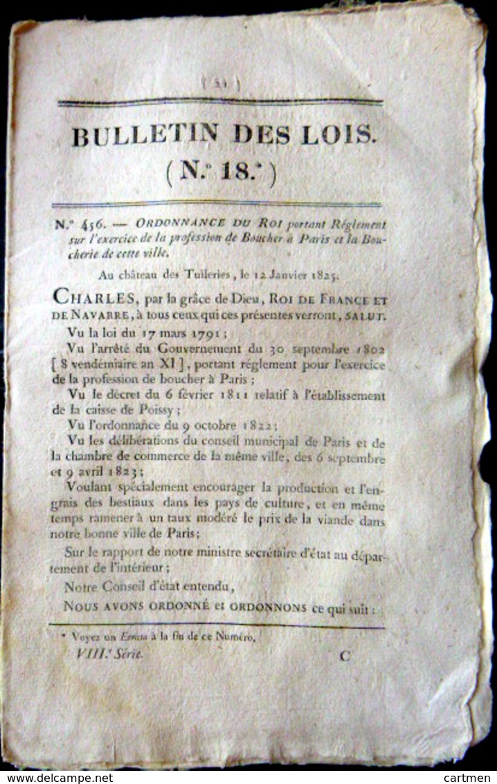 BOUCHER ABATTOIRS  ORDONNANCE SUR L' EXERCICE DE BOUCHER  AVEC SES REGLES  OBLIGATIONS ET TARIFS  1825 - Décrets & Lois