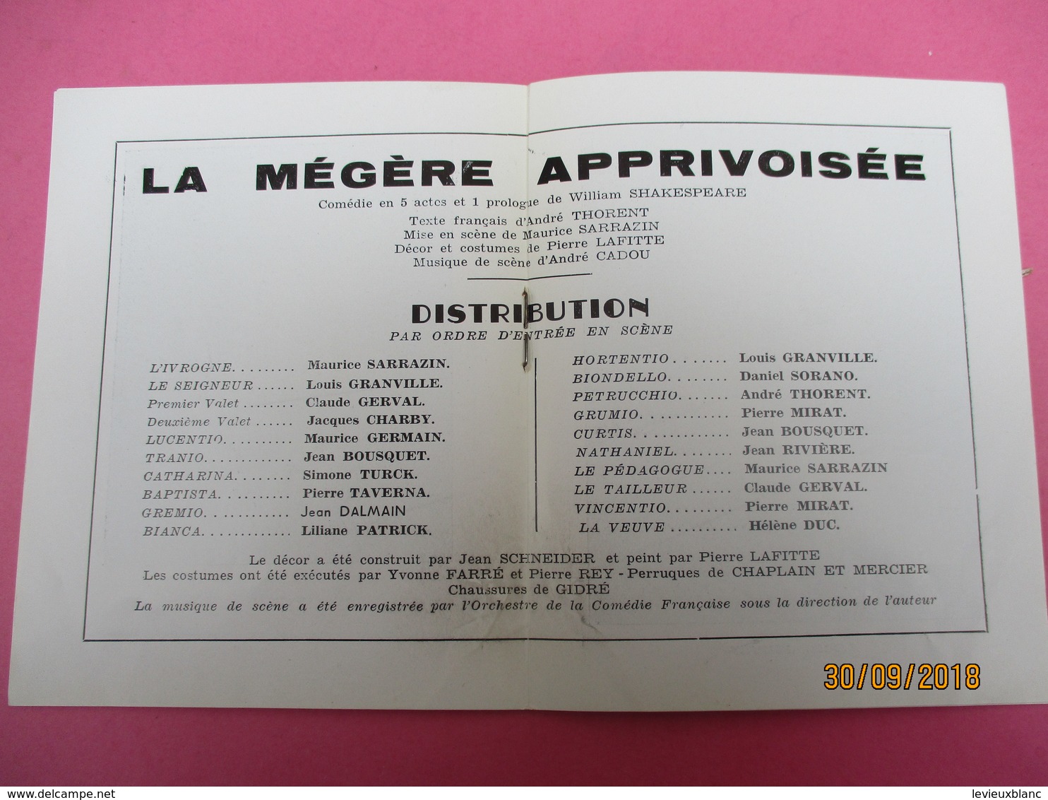 Théatre Le Grenier De TOULOUSE/Compagnie/ La Mégére Apprivoisée/William Shakespeare/1951    PROG210 - Programma's