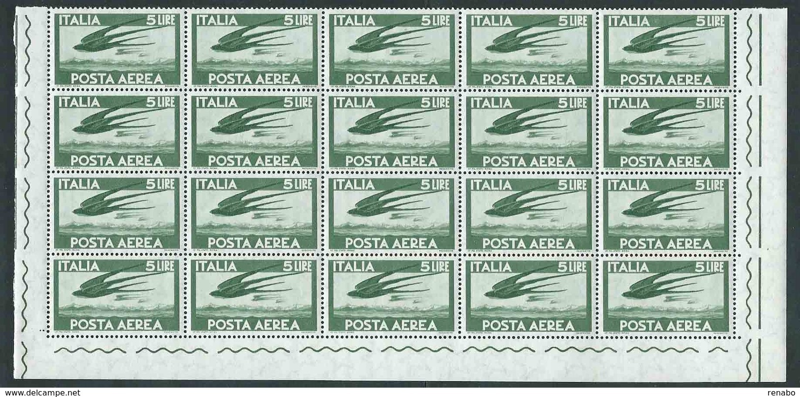 Italia 1962; Posta Aerea Democratica: Lire 5 Filigana Stelle. Blocco Di 20 Valori Con 2 Angoli Inferiori. - Blocs-feuillets