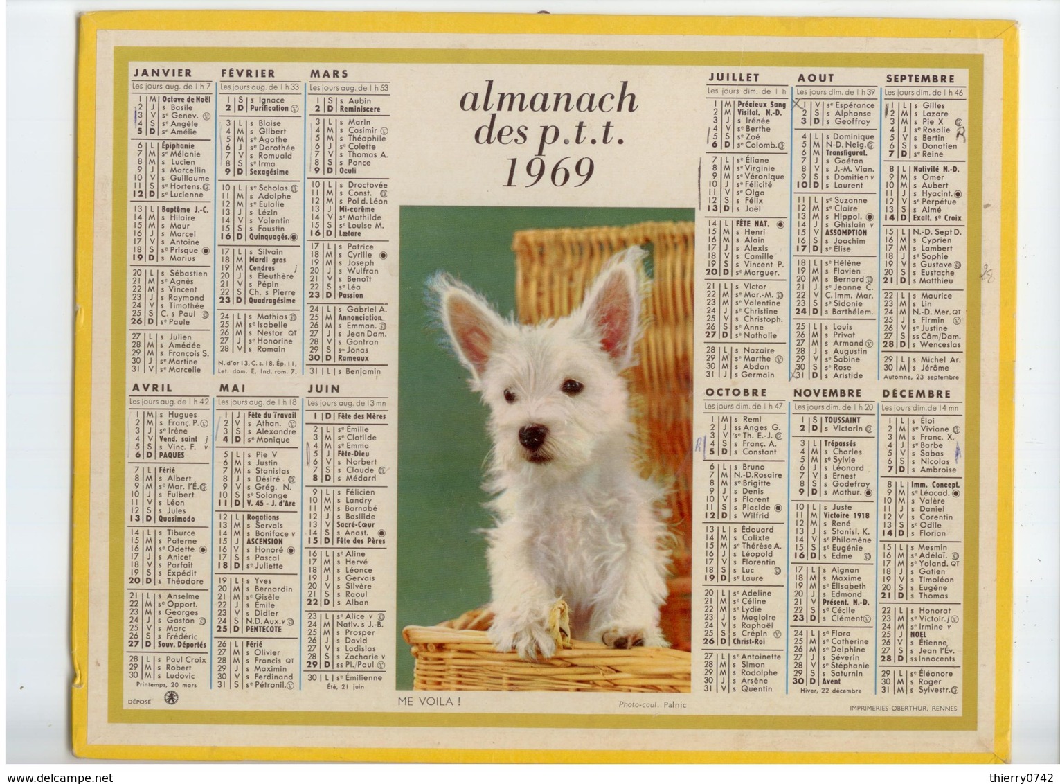 ALMANACH CALENDRIER PTT 1969 CHIEN DEPT 38 ISERE BE - Grand Format : 1961-70