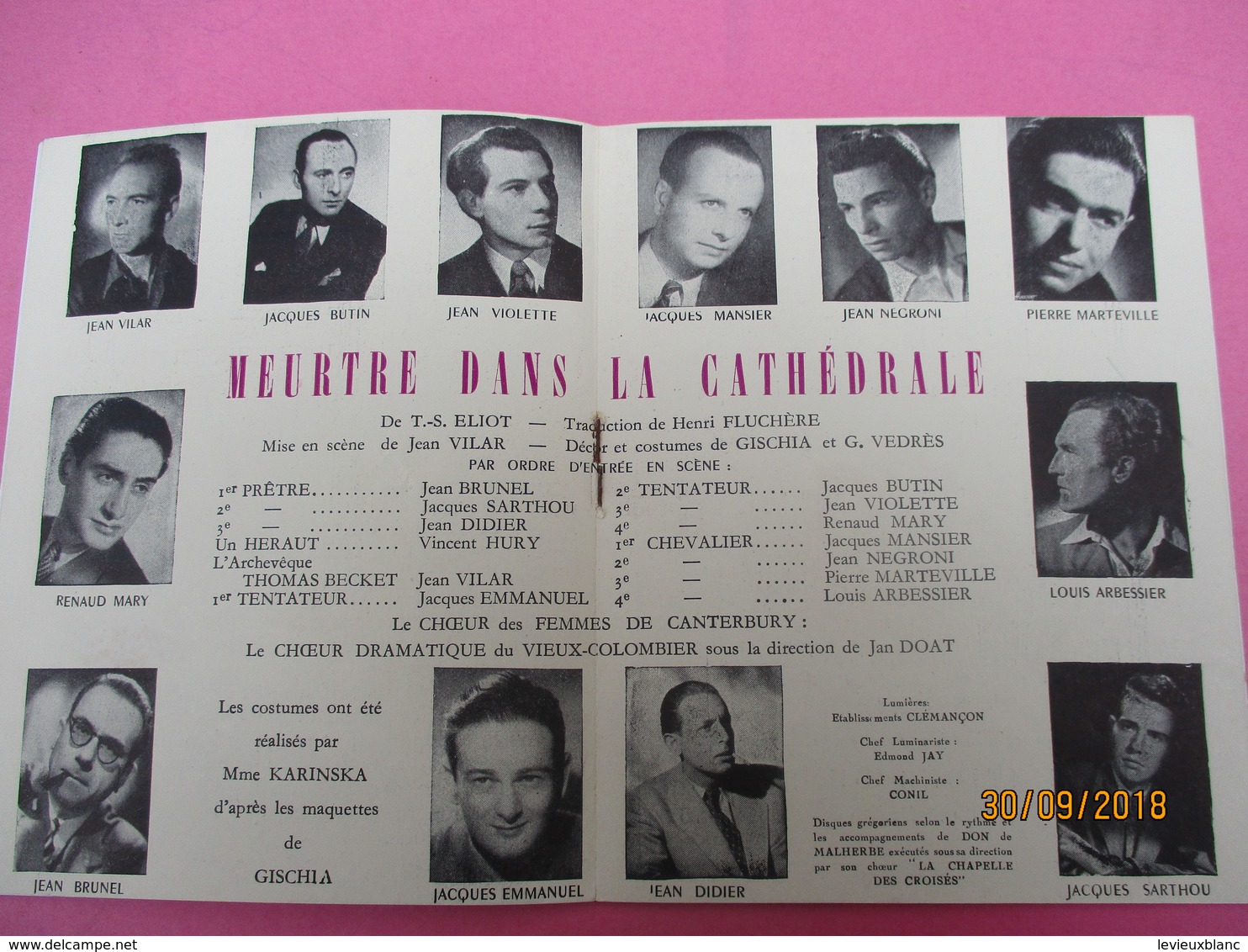 Théâtre Vieux Colombier / Meurtre Dans La Cathédrale/TS ELIOT/ Jean Vilar/ 1945     PROG211 - Programma's