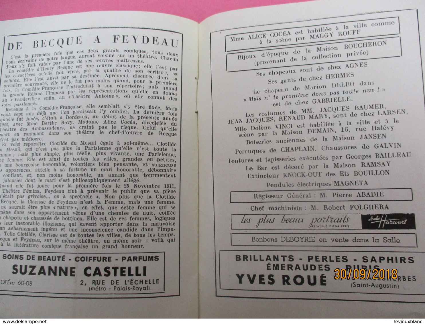Théâtre Des Ambassadeurs/ Mais N'te Promène Donc Pas Toute Nue!George Feydeau/ Clotilde Du Mesnil/ 1943    PROG213 - Programma's