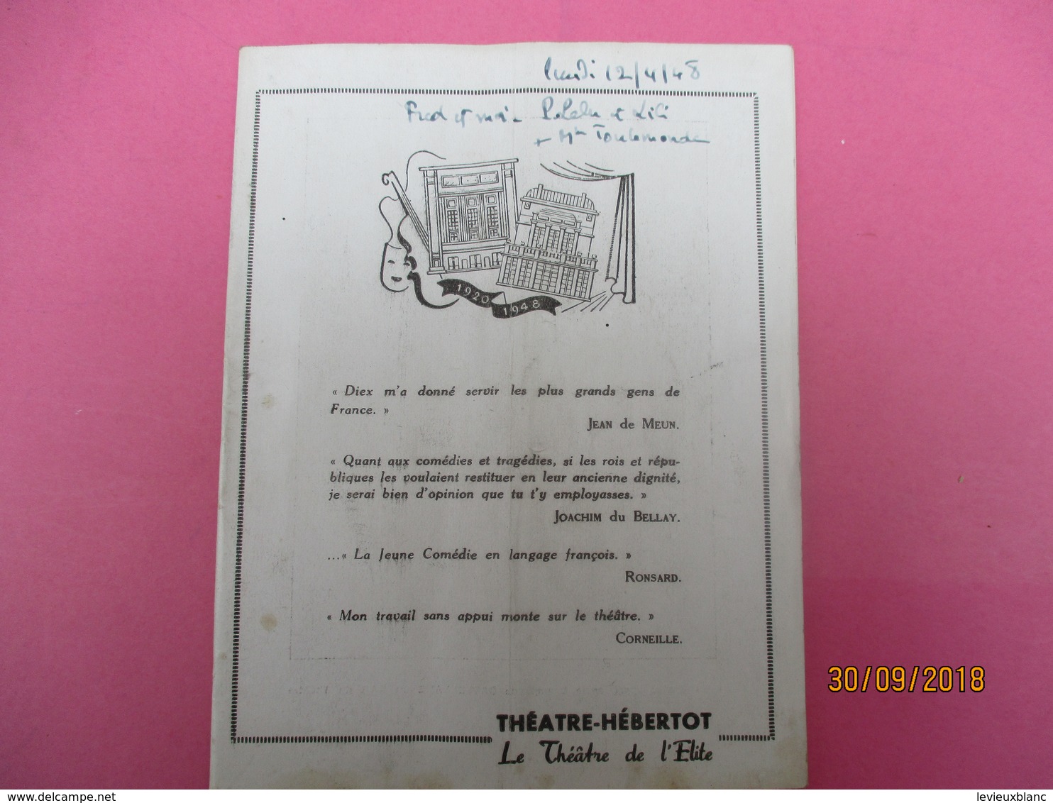 Théâtre Hébertot/ Le Théâtre De L'Elite/L'Annonce Faite à Marie/ Paul Claudel /alain CUNY/ 1948   PROG214 - Programs