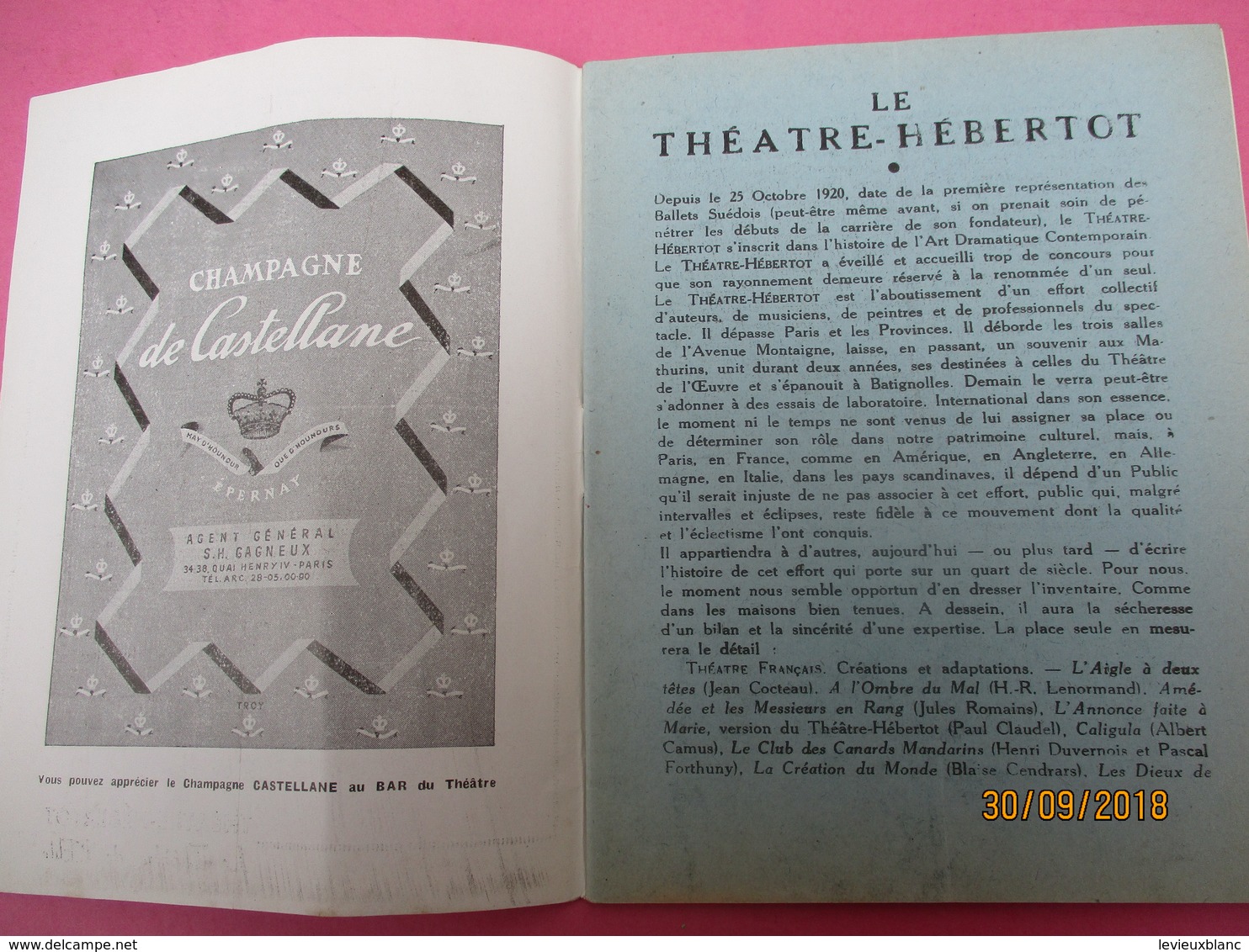 Théâtre Hébertot/ Le Théâtre De L'Elite/L'Annonce Faite à Marie/ Paul Claudel /alain CUNY/ 1948   PROG214 - Programs