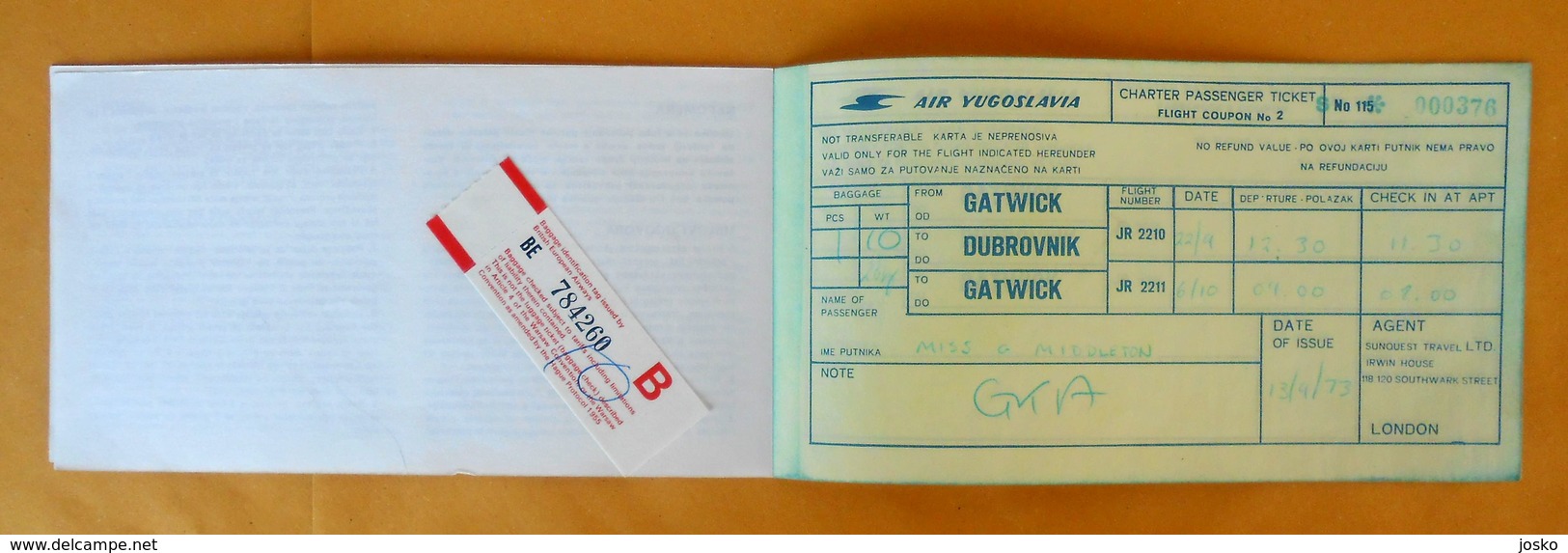 AIR YUGOSLAVIA Ex Small Yugoslavian Airline - 1973. Passenger Ticket On Fly Gatwick-Dubrovnik-Gatwick * Billet Airlines - Biglietti