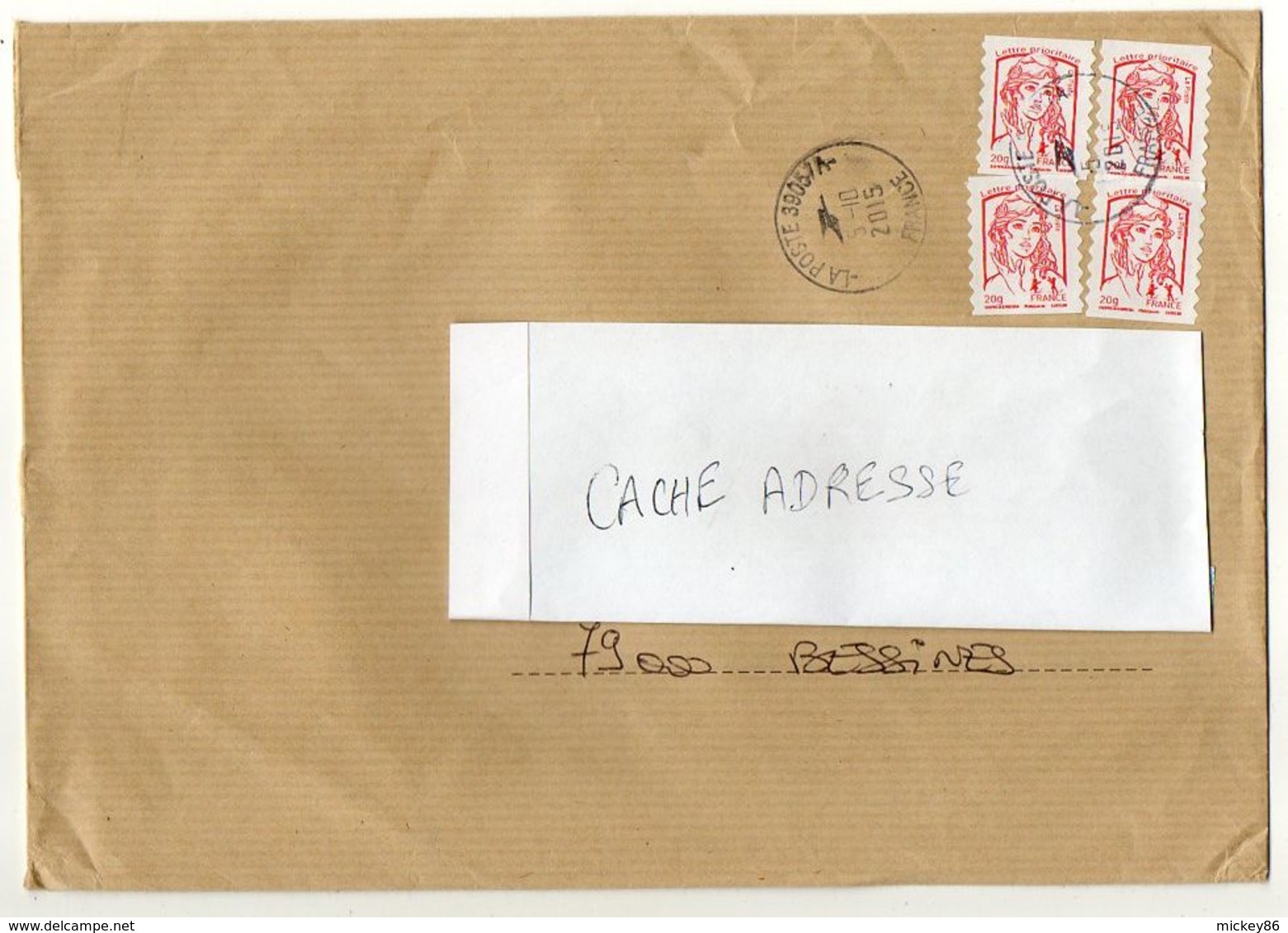 2015- Lettre  L.P Avec 4 X Timbres Adhésifs Marianne Ciappa-Kavena  Cachet Rond LA POSTE 39057A --format  C 4 - 1961-....