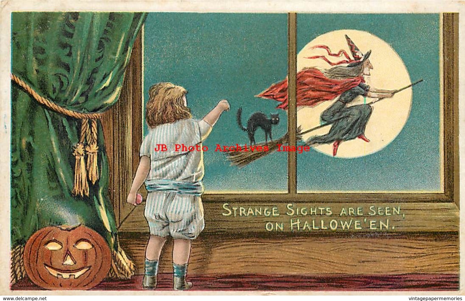 282137-Halloween, Anglo-American No 876/5, Child Waving At Witch & Black Cat On Broom - Halloween