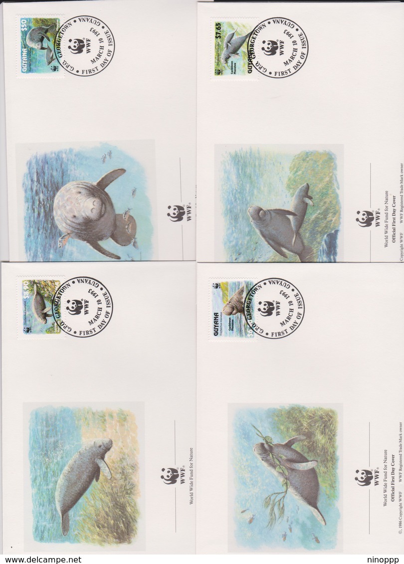 World Wide Fund For Nature 1993 Guyana Manatee,Set 4 Official First Day Covers - FDC