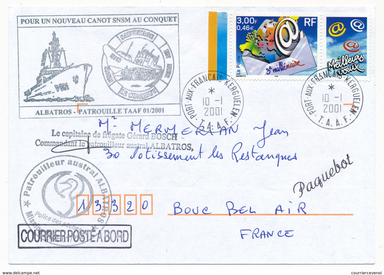 TAAF - Enveloppe Cachets "Patrouilleur Austral ALBATROS" (pour Un Nouveau Canot SNCM Au Conquet) Port Aux Français 2001 - Lettres & Documents