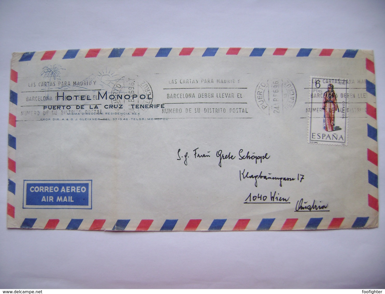 Air Mail Letter 1969 Puerto De La Cruz Tenerife Machine Cancel Las Cartas Para Madrid Y Barcelona.....Ifni - To Austria - Lettres & Documents