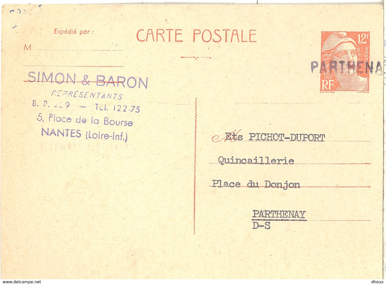 Gandon 12f   -    Parthenay    Entier Postal Petit Format - 1921-1960: Periodo Moderno