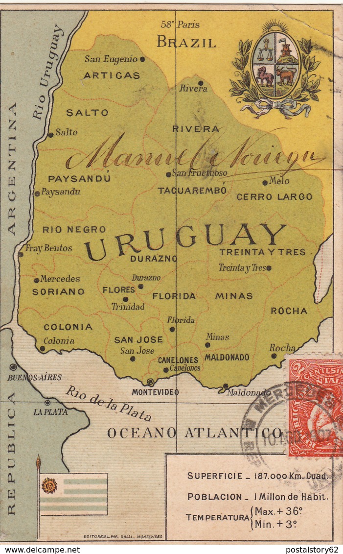 Montevideo To Roma Su Post Card 1907 - Uruguay