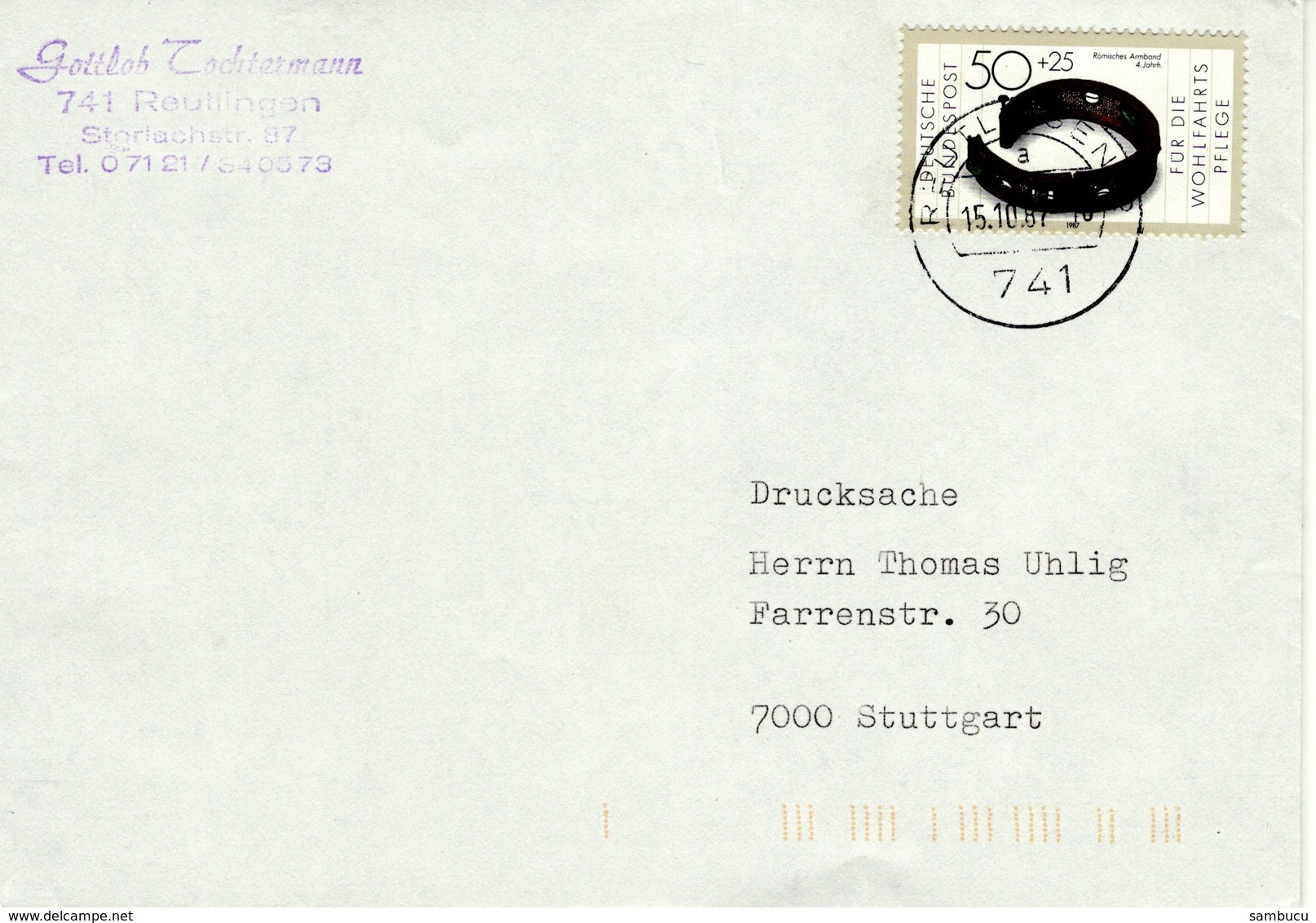 Brief Von 741 Reutlingen Mit 50 + 25 Pfennig 1987 - Briefe U. Dokumente