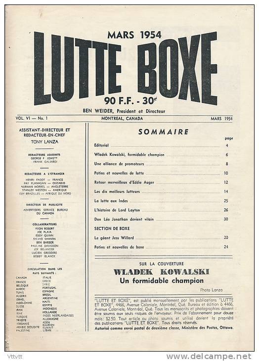 Rare LUTTE ET BOXE (mars 1954) N° 1, Publication Montréal (Canada) Kowalski, Jess Willard, Eddie Auger, Athol Layton... - Libri