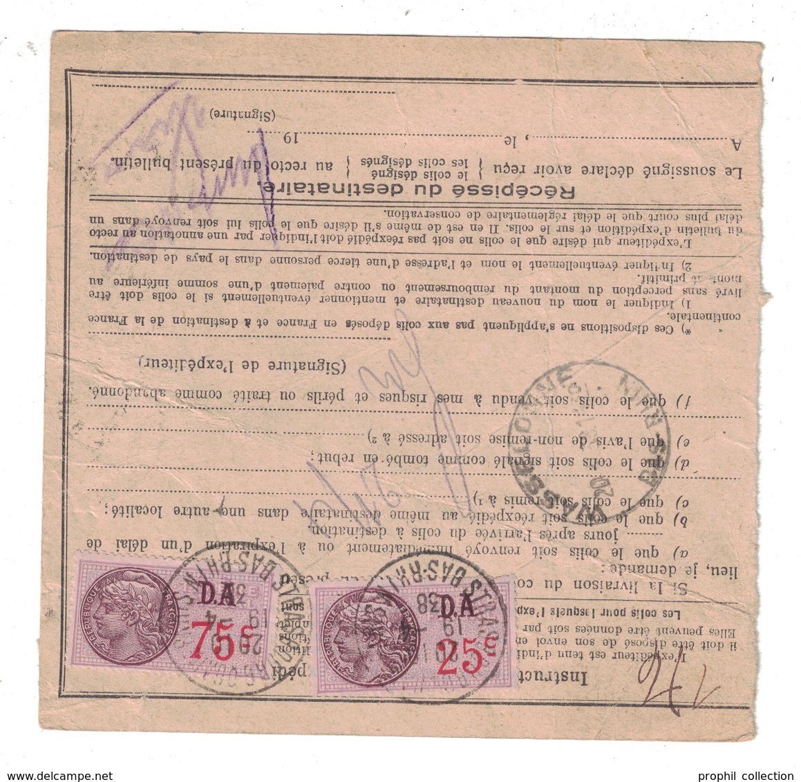 1938 - BULLETIN D'EXPEDITION CAD STRASBOURG PRINCIPAL BAS RHIN (ALSACE LORRAINE) AFFRANCHISSEMENT AVEC TIMBRE FISCAL - 1921-1960: Période Moderne