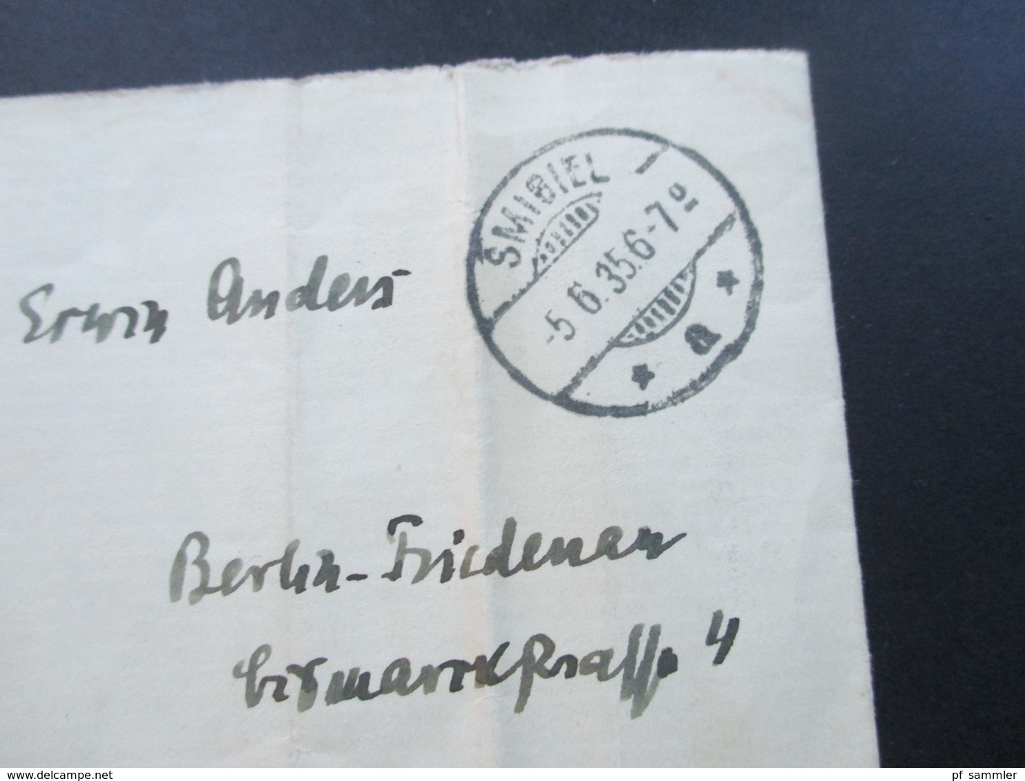 Polen 1935 Brief Mit 4x Stempel Smibiel / Deutsche Besetzung? Gitterstempel Smibiel Nach Berlin Friedenau. Vignette Rück - Lettres & Documents